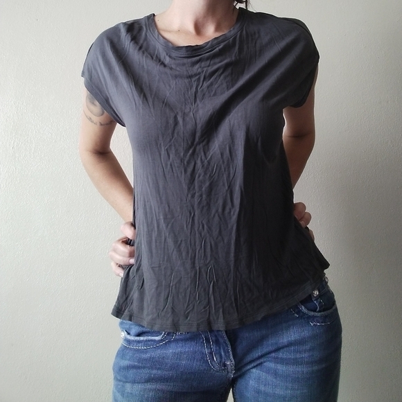 Window Back Slouchy Gray Tee, Faux Leather Neck Strap - Picture 3 of 8